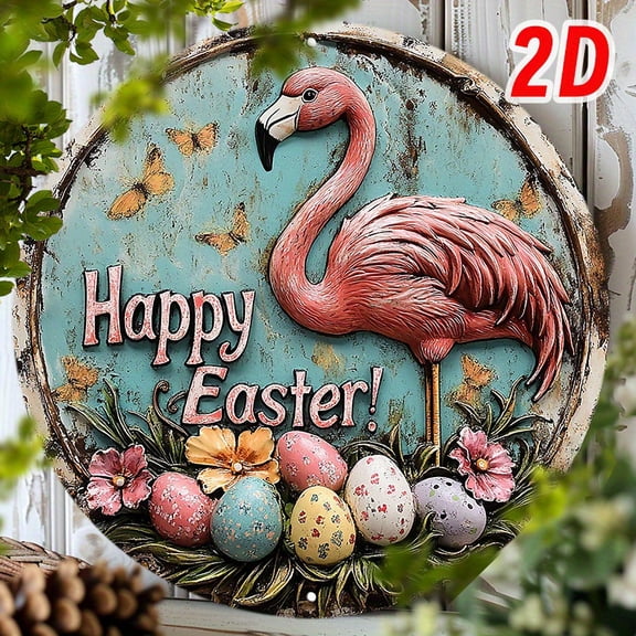 1pc Vintage Turquoise Flamingo Easter Eggs Metal Wall Sign, Round Aluminum Hanging Decor, Pink Flamingo, Colorful Eggs Rustic Patterns, 8", Door Hanger, Outdoor Party Decor, 2D Flat, Ideal Gift