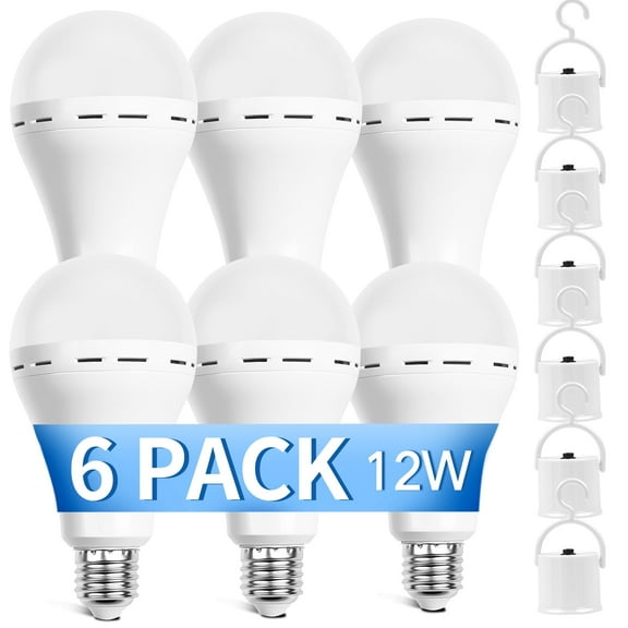 Rechargeable Emergency Light Bulbs, Battery Powered LED Light Bulb 6500K Daylight E26 12W 70W Equivalent with 1200mAh for Home Power Outage Camping Hurricane, 6 Pack