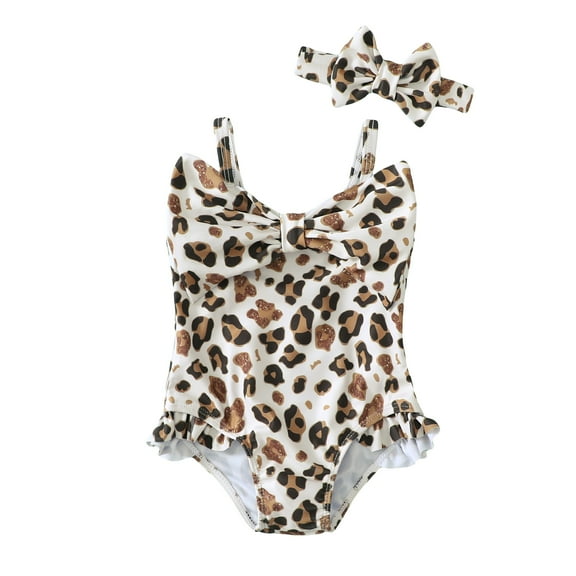 KIMI BEAR Infant Baby Girls One-piece Swimsuit 12-18 Months Sleeveless Off the Shoulder Bathing Sets Bowknot Leopard Swimsuit Beach Swimsuit with Headband 2pcs Khaki