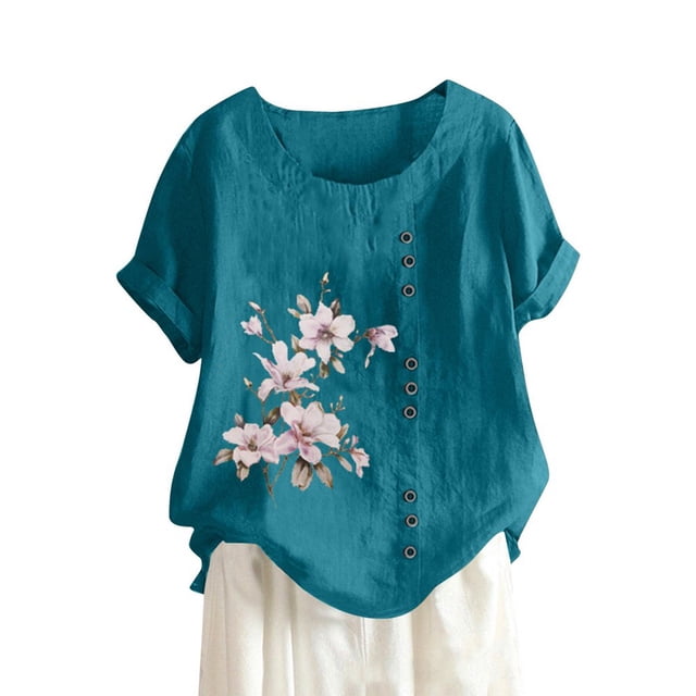 CHOK Womens Tops Boho Cotton Linen T-Shirts Tops Loose Pullover Blouses Light Gray L