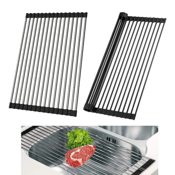 MRSXXNTY 2Pack Roll up Dish Drying Rack Over The Sink Kitchen Roll up Sink Drying Rack Portable Dish Drainer Foldable Dish Drying Rack (Black, 17.8''X11.8'')