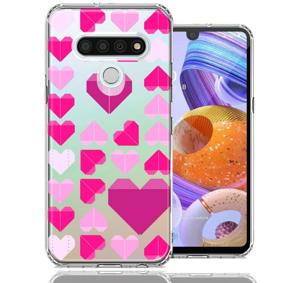 MUNDAZE for LG Stylo 6 Pink Purple Origami Valentine's Day Polkadot Hearts Design Double Layer Phone Case Cover