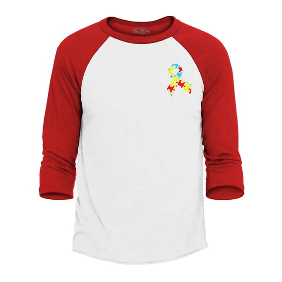 Shop4Ever Men's Autism Awareness Puzzle Ribbon Pocket Size Raglan Baseball Shirt X-Small White/Navy