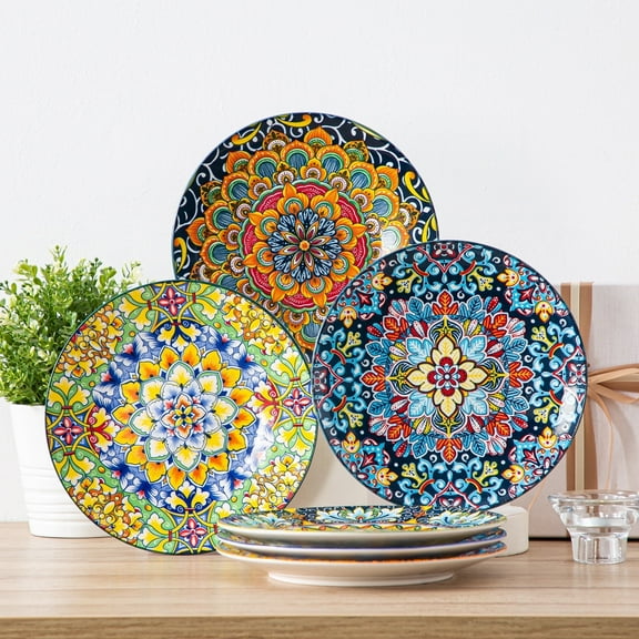 MALACASA 6 Piece 8.5in Dessert Plates, Porcelain Tableware Dishes Set, Colorful Bohemian, Color C
