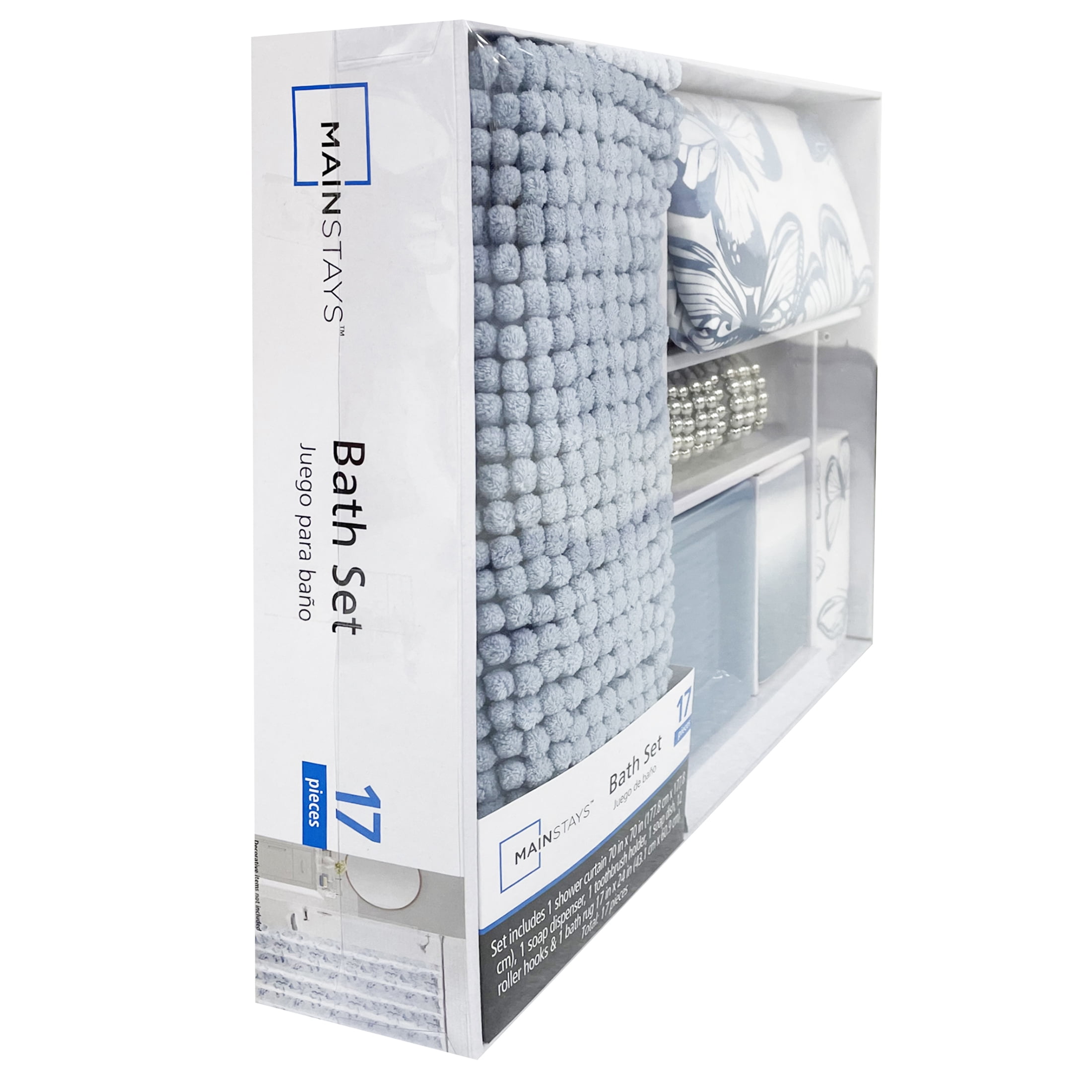 Mainstays 17-Piece Butterfly Polyester/Ceramic Shower Curtain & Bathroom Accessory Set, Blue & White