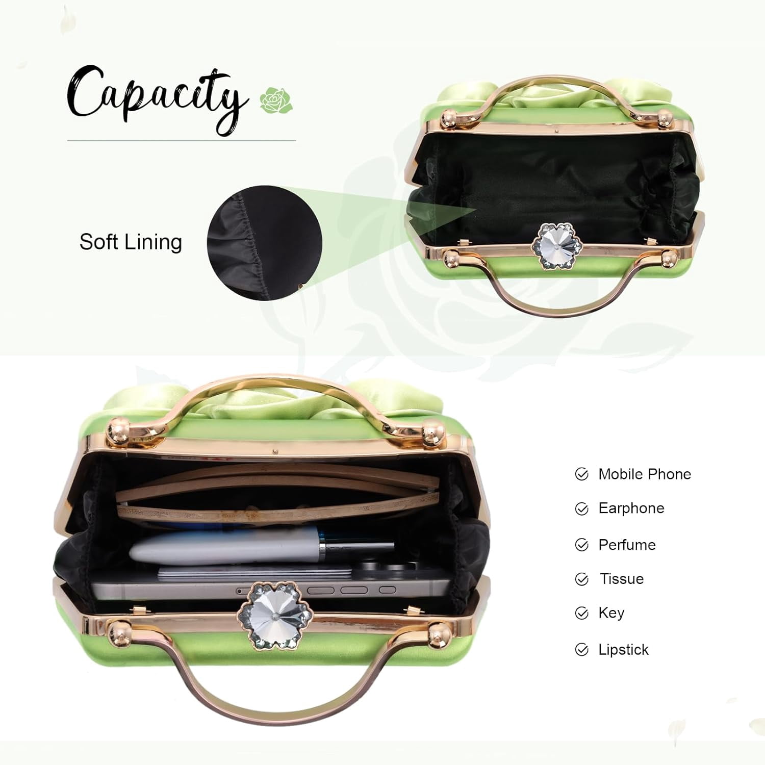 Women Flower Evening Handbag Satin Floral Clutch Purses Chain Strap Shoulder Bag