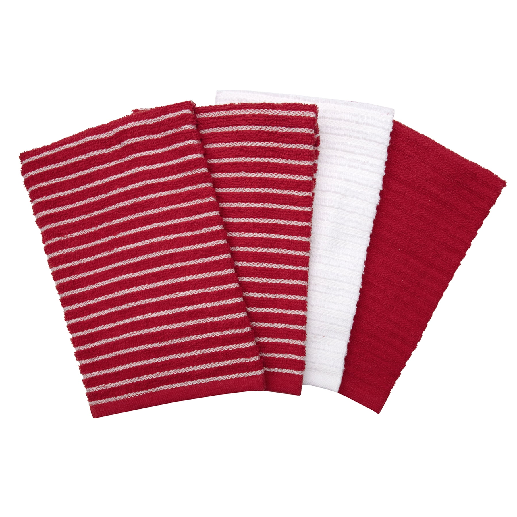 RITZ Cotton Terry Horizontal Stripe Bar Mop Kitchen Towel Set, 4-Pack, Red, 16” x 18”