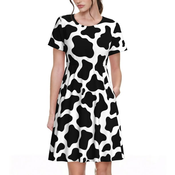 Balery Cow Print Black White Vestidos sueltos de manga corta para mujer, vestidos de verano 2025, vestidos casuales de corte A con vuelo.