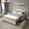 thumbnail image 3 of Full Size Bed Frame with 4 Storage Drawers,Platform Storage Bed with metal frame,solid wood ribs,Buckle shaped backres,Beige, 3 of 5
