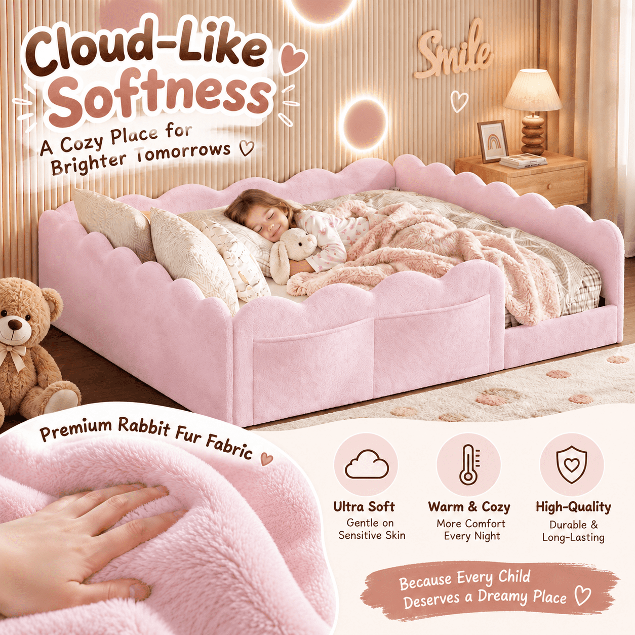 Howcool Montessori Upholstered Floor Bed with Soft Wave Guardrails,Full Size Rabbit Plush Toddler Bed with Storage Pockets,Pink