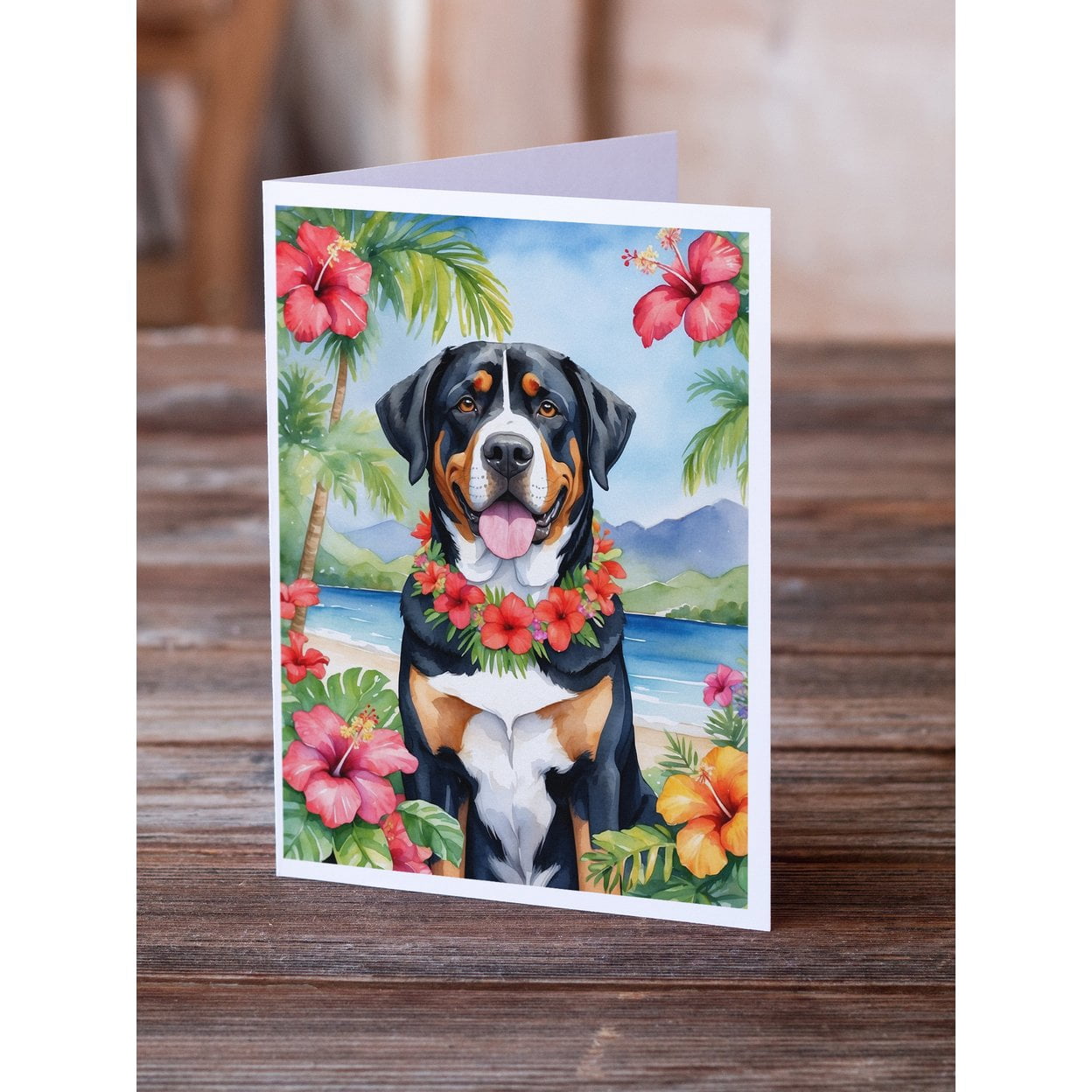 Greater Swiss Mountain Dog Luau Greeting Cards Pack of 8 7 in x 5 in