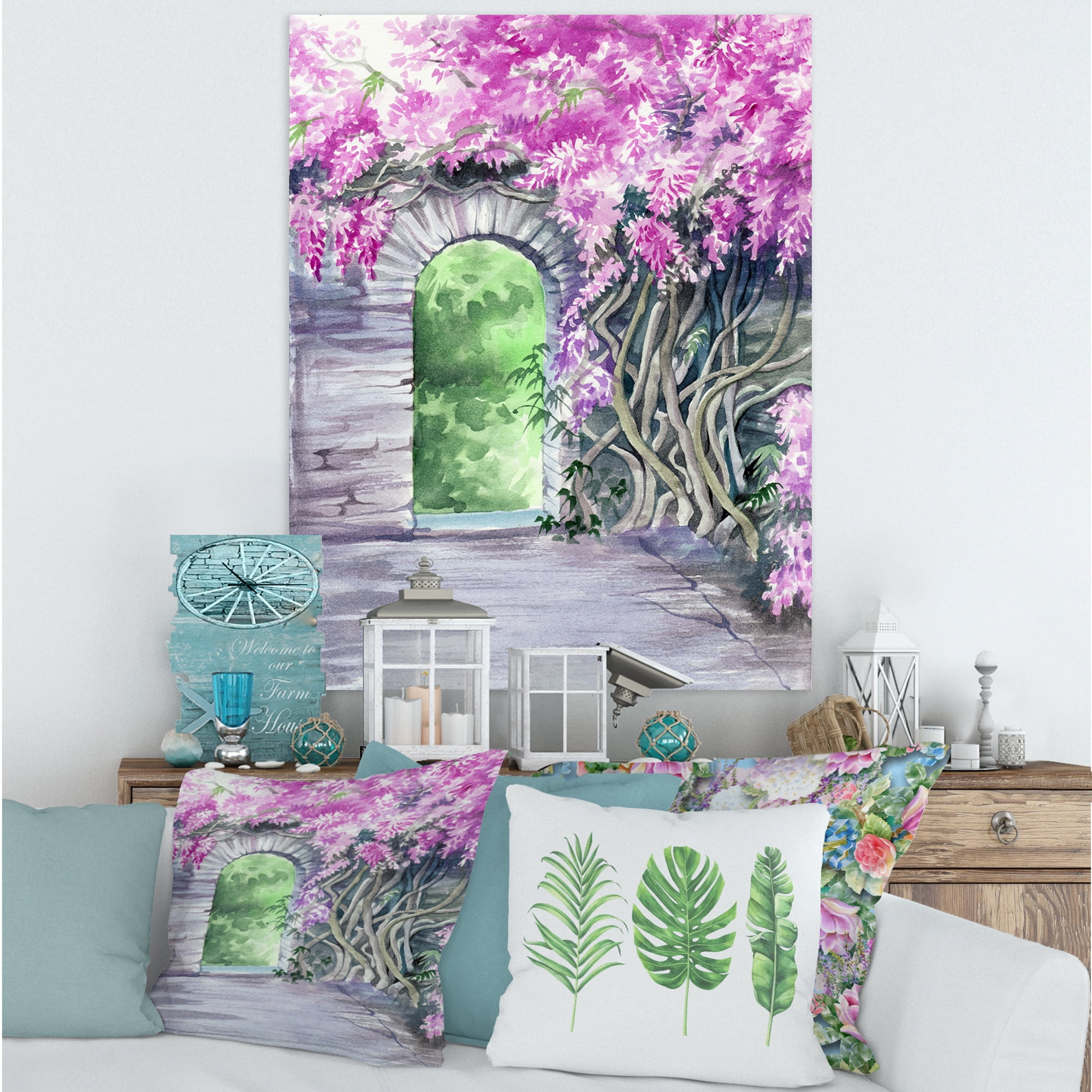 Designart ' Blossoming Purple Wisteria Garden Over The Wall ' Traditional Canvas Wall Art Print
