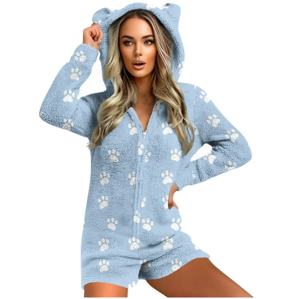 Mono cálido con capucha y orejas para mujer, estampado de manga larga, pantalones cortos, mono corto con cremallera, bolsillo, ropa de dormir, ropa de casa, tops de poliéster para mujer
