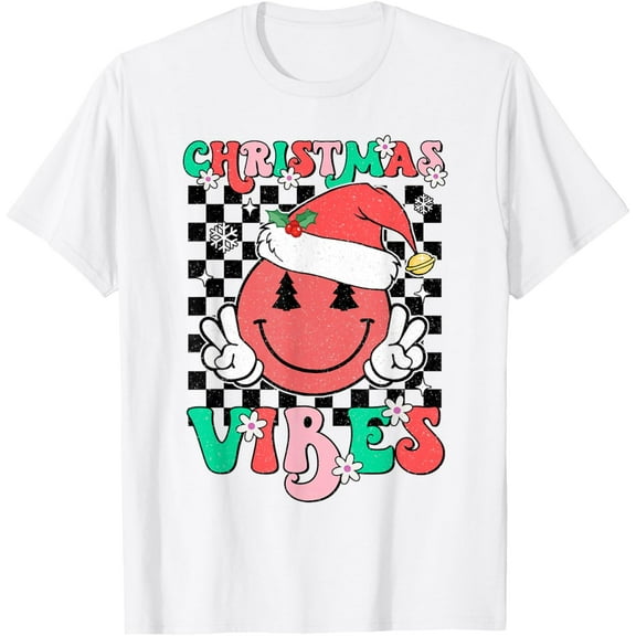 Groovy Christmas Vibes Smile Face Santa Hat Xmas Teens T-Shirt Tee