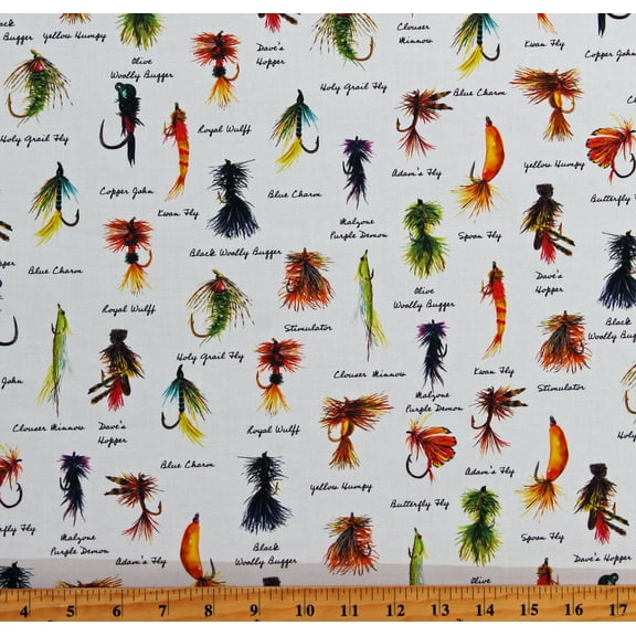 Cotton Fishing Lures Bait Gear Daily Catch White Cotton Fabric Print by the Yard (TM300-WH3D)