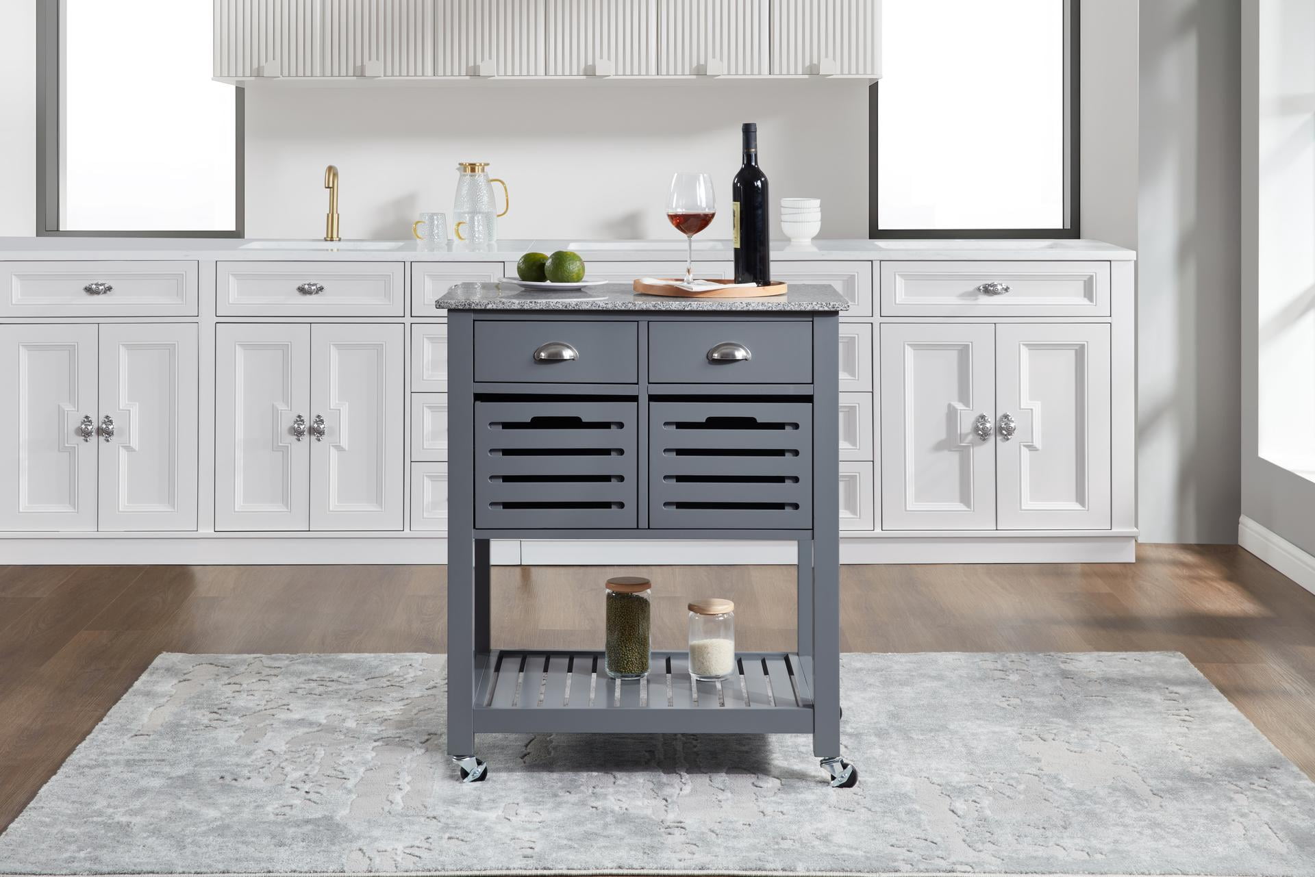 Lisonu 30-Inch Rolling Kitchen Island with Marble Top, Solid Wood Food Prep Cart with 4 Drawers & 2 Storage Bins, Mobile Kitchen Storage, Grey