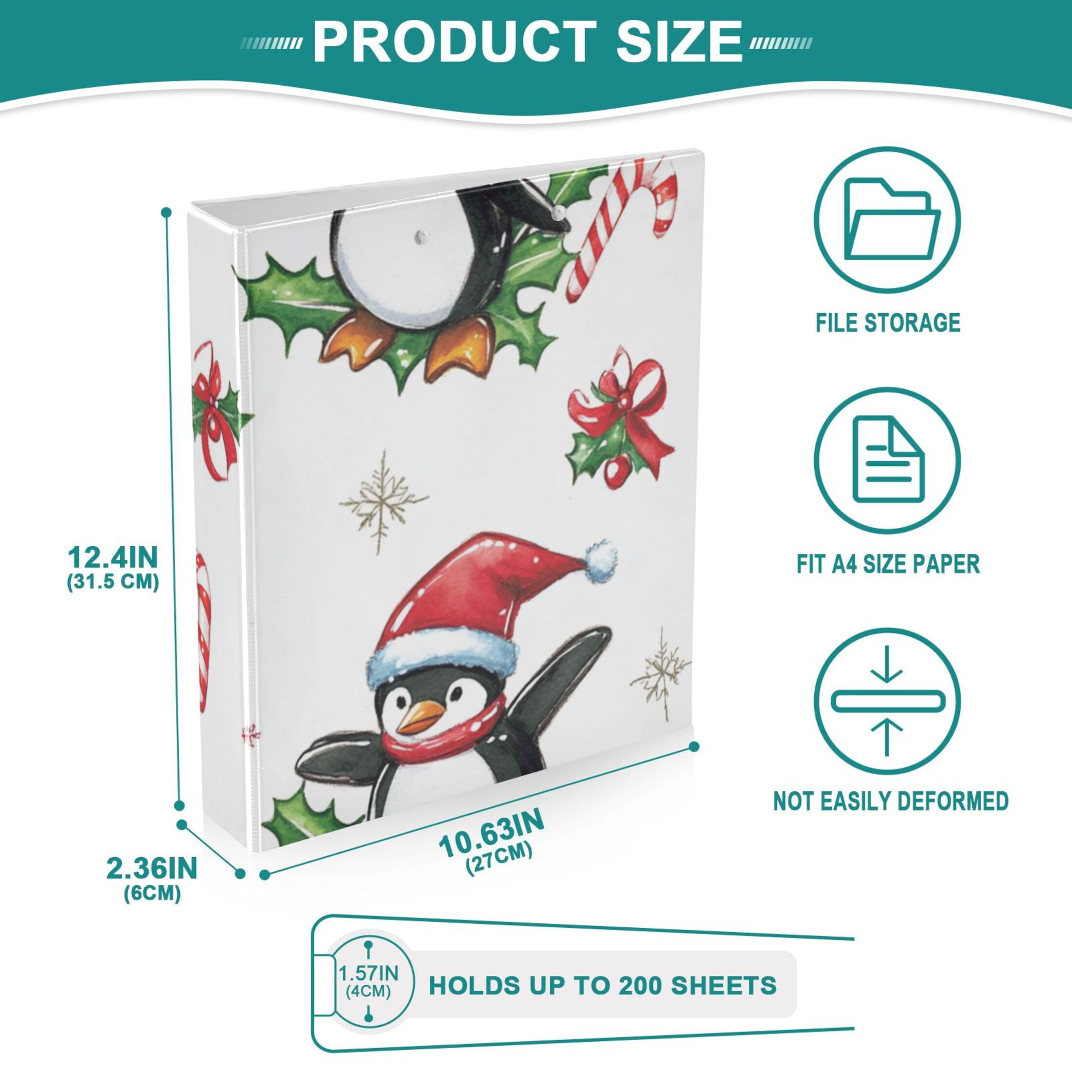 Christmas Penguins Leaves 3 Ring Binders 1.5 inch Hardcover File Folders with Interior Pockets A4 Size Organizer for School Office Hospital