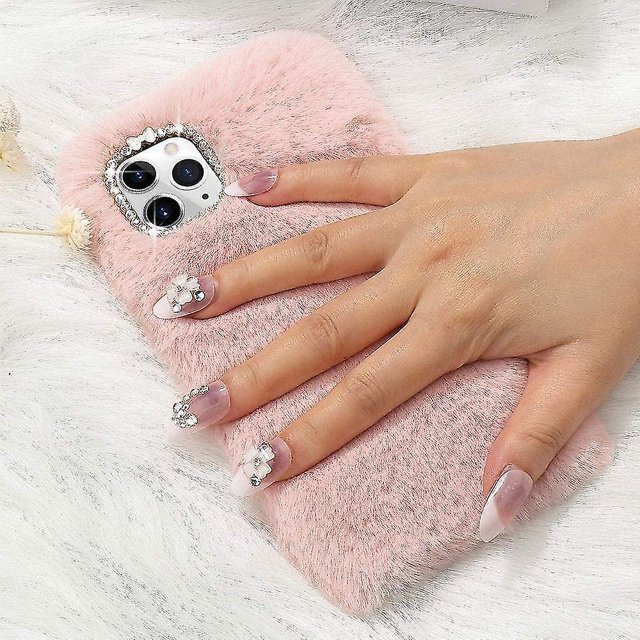 Funda de peluche para iPhone 11 Pro, bonita funda protectora peluda y esponjosa con pelo de conejo de imitación de cristal, funda suave para teléfono