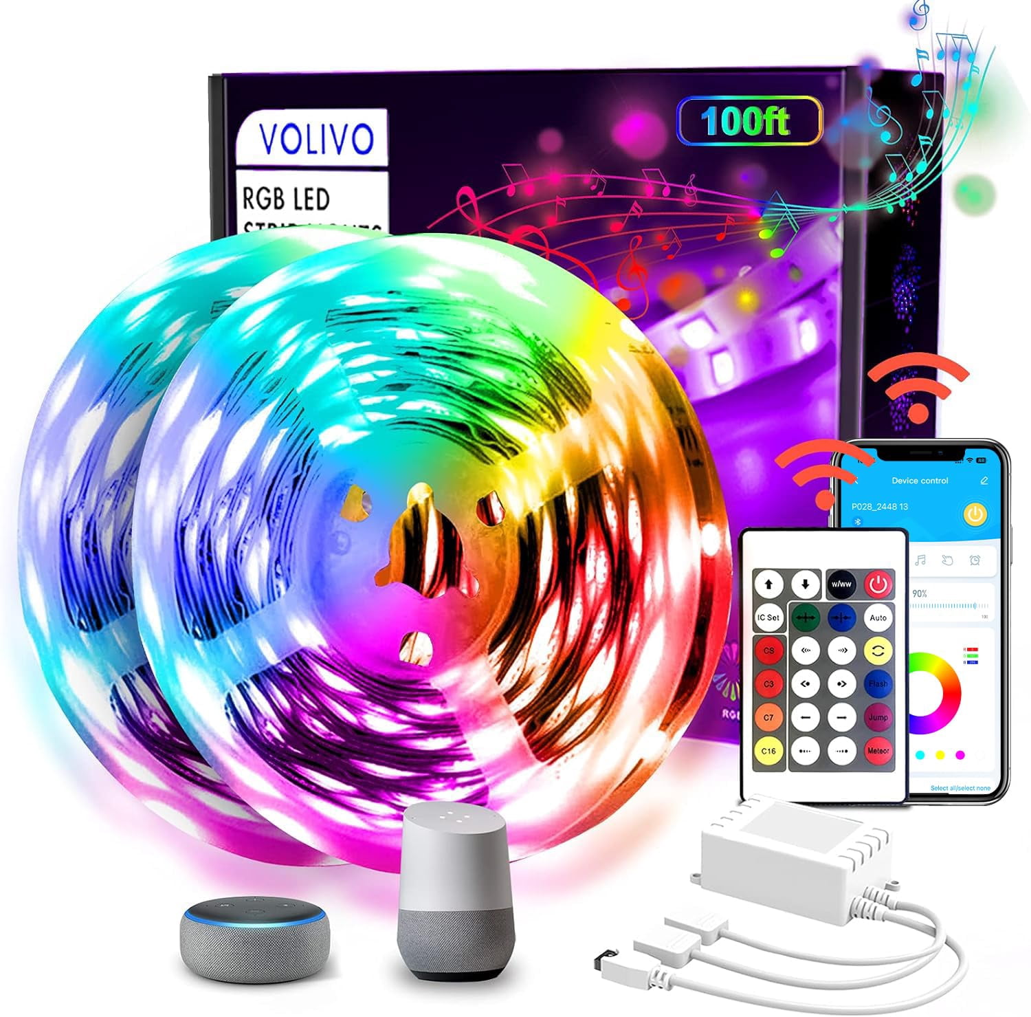 Volivo Bande Lumineuse Led WiFi 100 Pieds Compatible avec Alexa et Google Assistant, 2 Rouleaux de Bande Lumineuse Led RGB 50 Pieds, Éclairage Changeant de Couleur Synchronisé avec la Musique pour Chambre, Maison, Cuisine, Fête
