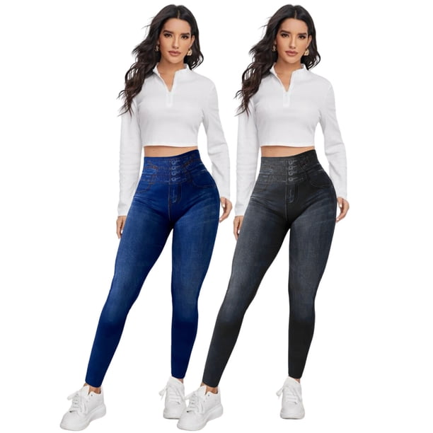Set 2 Leggins Mujer Mezclilla Faja Alta Mallas Gruesa Mayon