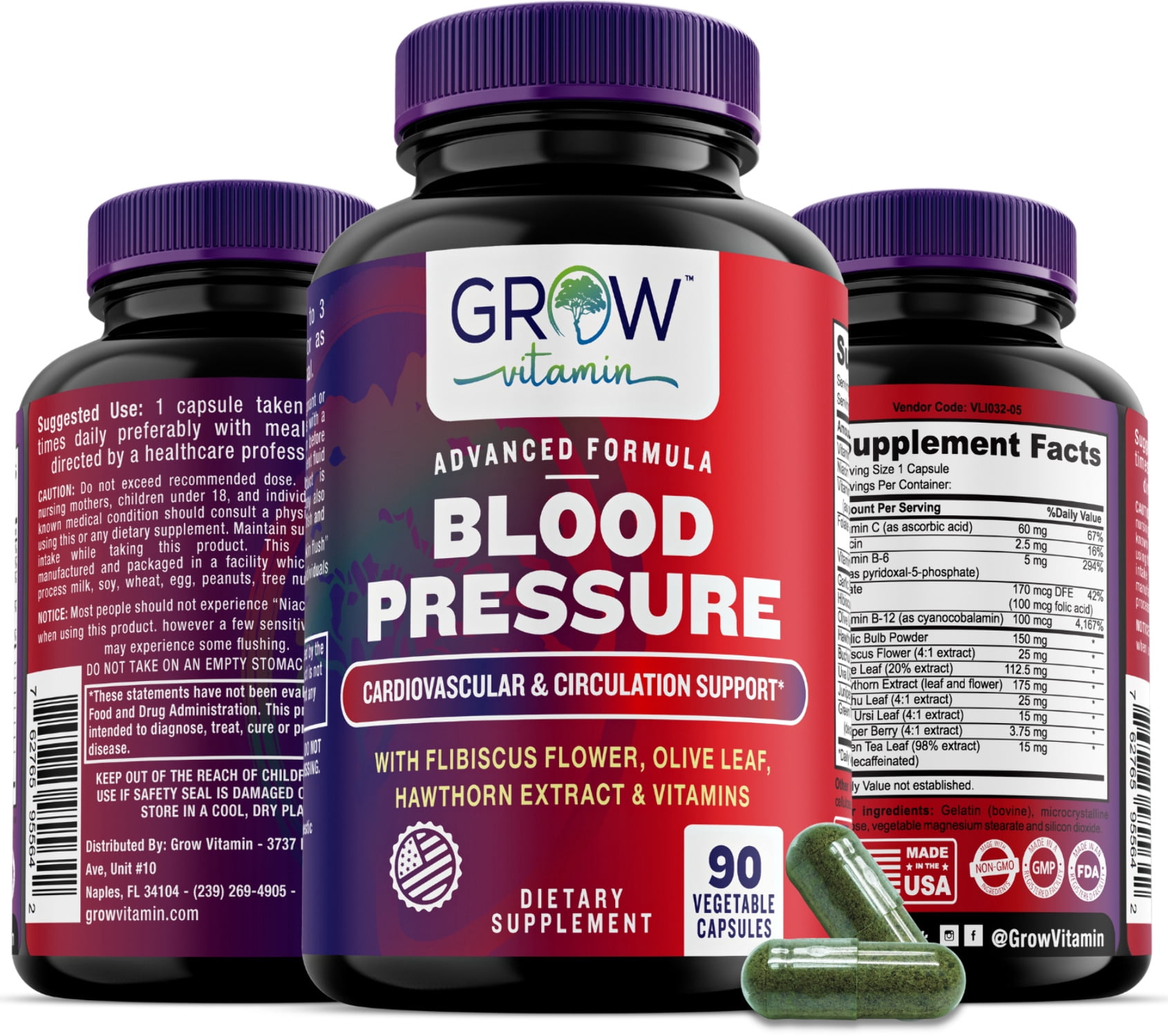 Grow Vitamin Blood Pressure Supplement for Cardiovascular Circulation and Endurance - 90 Capsules