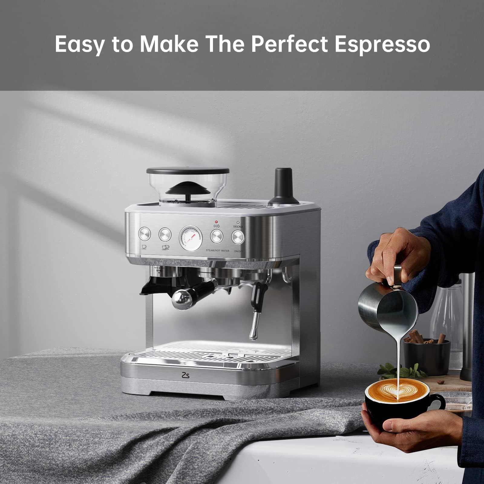 Soonbuy 15 Bar Semi-Automatic Espresso Machine with Built-in Grinder, Milk Frother & Steam Wand, Italian Pump, 2.5l Water Tank, Stainless Steel Coffee Maker
