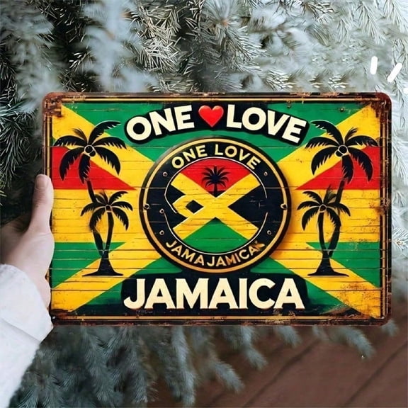 HELLOYOUNG Jamaican Flag Metal Sign One Love Wall Decor 8x12 Inch, Corrosion Resistant Tropical Art for Home Bar, Beach House & Patio Rustic Decor