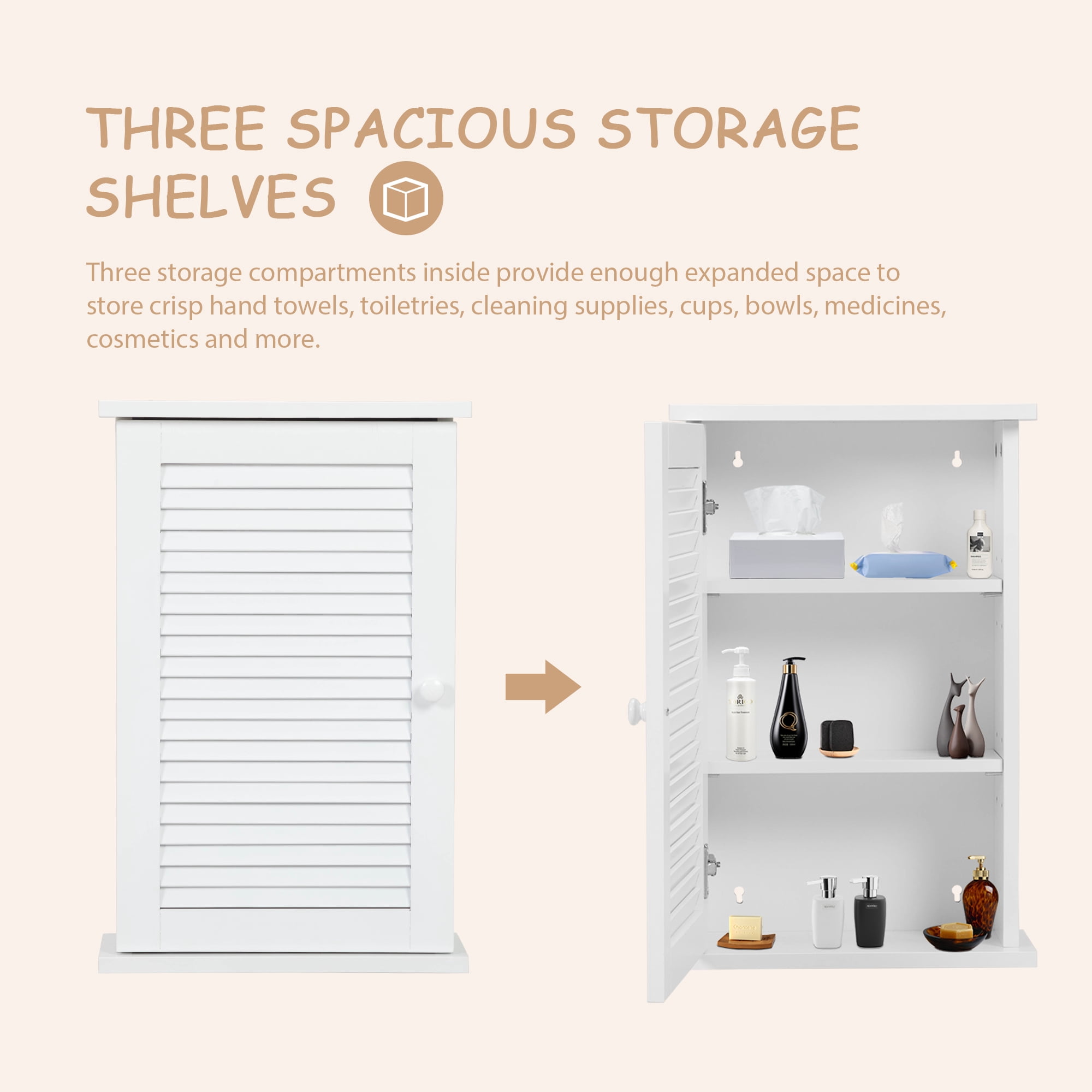 JAXPETY White 3-Tier Bathroom Wall Storage Cabinet with Single Louvered Door, Bathroom Medicine Cabinet, Adjustable Shelf Over-The-Toilet Organizer