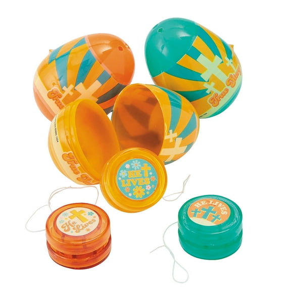 Fun Express 2 1/4" He Lives Groovy YoYo-Filled Plastic Easter Eggs - 12 Pieces