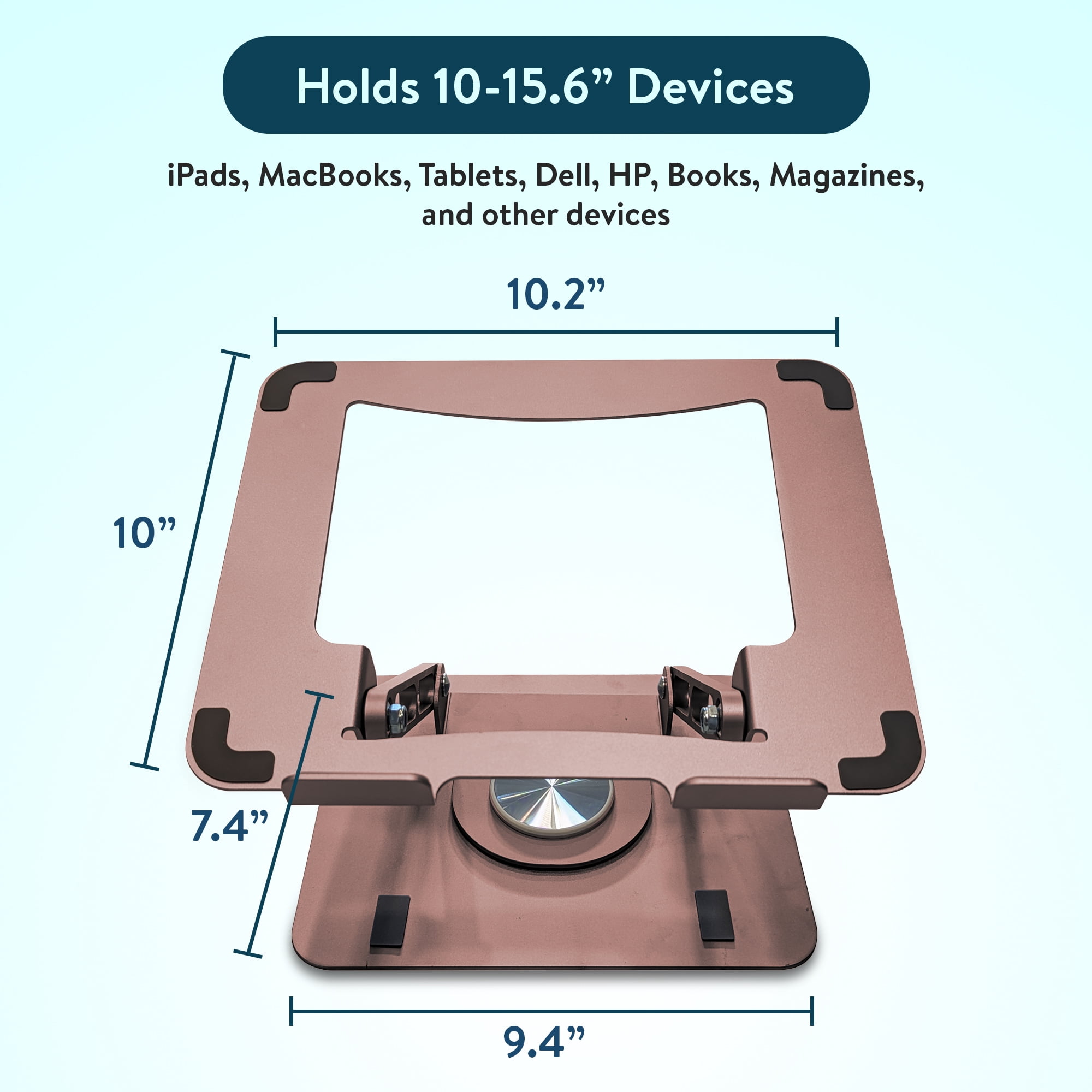 Swivel Laptop Stand for Desk – Adjustable Laptop Riser with 360° Rotation, Height & Tilt, Vented Metal Cooling Panel, Portable Folding Stand (RoseGold)