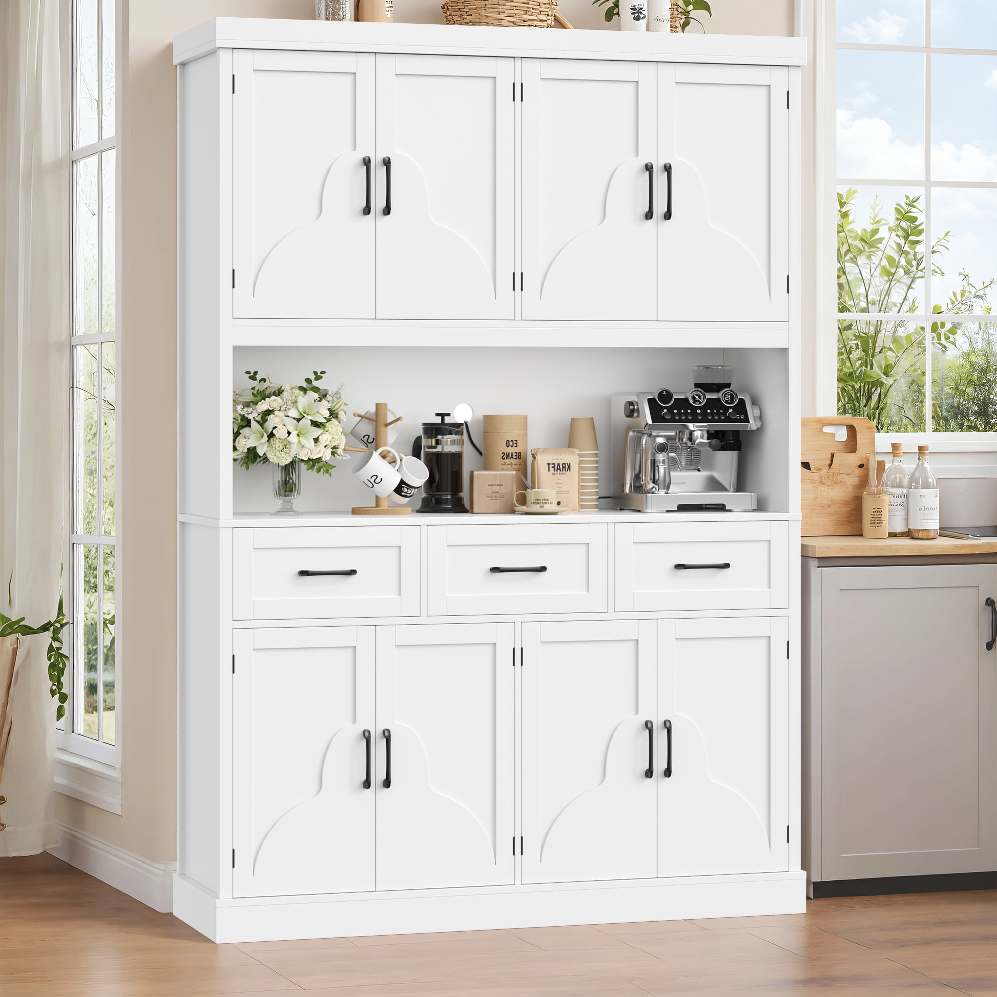 Homfa 76" Tall Kitchen Pantry Cabinet, Modern Storage Cabinet with Microwave Stand, Freestanding Cupboard with 3 drawers, Hutch Cabinet for Living Dining Room, White
