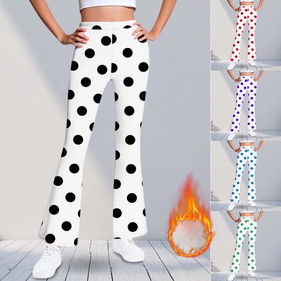 BFHHYA Girls' Polka-Dot Fleece-Lined Flared Pants High-Waisted Slim Fit Bell Bottom Pants Casual Yoga Leggings for Casual Outings (5-16Y)