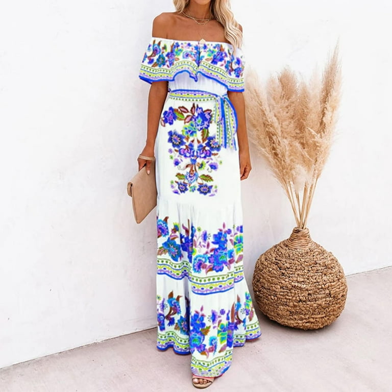 Finelylove Long Boho Dress For Women Woman Clothes Under 5 Summer Clearance  Boho High-Low Short Sleeve Printed Blue L