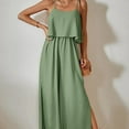 thumbnail image 4 of Black & Friday Deals Usmixi Jumpsuits for Women Beach Fashion Ruffle Layer Slit Elastic Waist Spaghetti Strap Long Jumpsuits Overalls Summer Formal Solid Round Neck Sleeveless Maxi Rompers Green l, 4 of 6