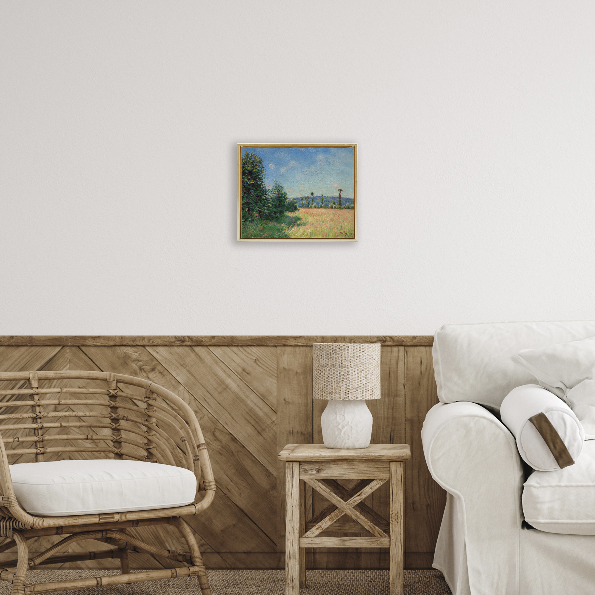 Sahurs Meadows in Morning Sun Gold Framed Floater Canvas Wall Art, design by Alfred Sisley