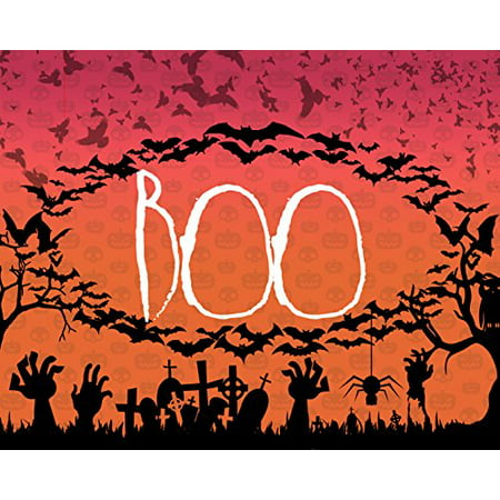 Boo Ghost Print Bats Flying Picture Tree On A Grassy Hill Moon In Background Halloween Decoration Wall Hanging Seasonal Poster