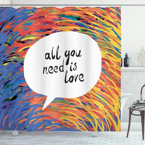 All You Need Is Love Shower Curtain, Watercolored Black Letters in a Speech Bubble on a Colorful Backdrop, Fabric Bathroom Set with Hooks, 69W X 75L Inches Long, Multicolor, by Ambesonne