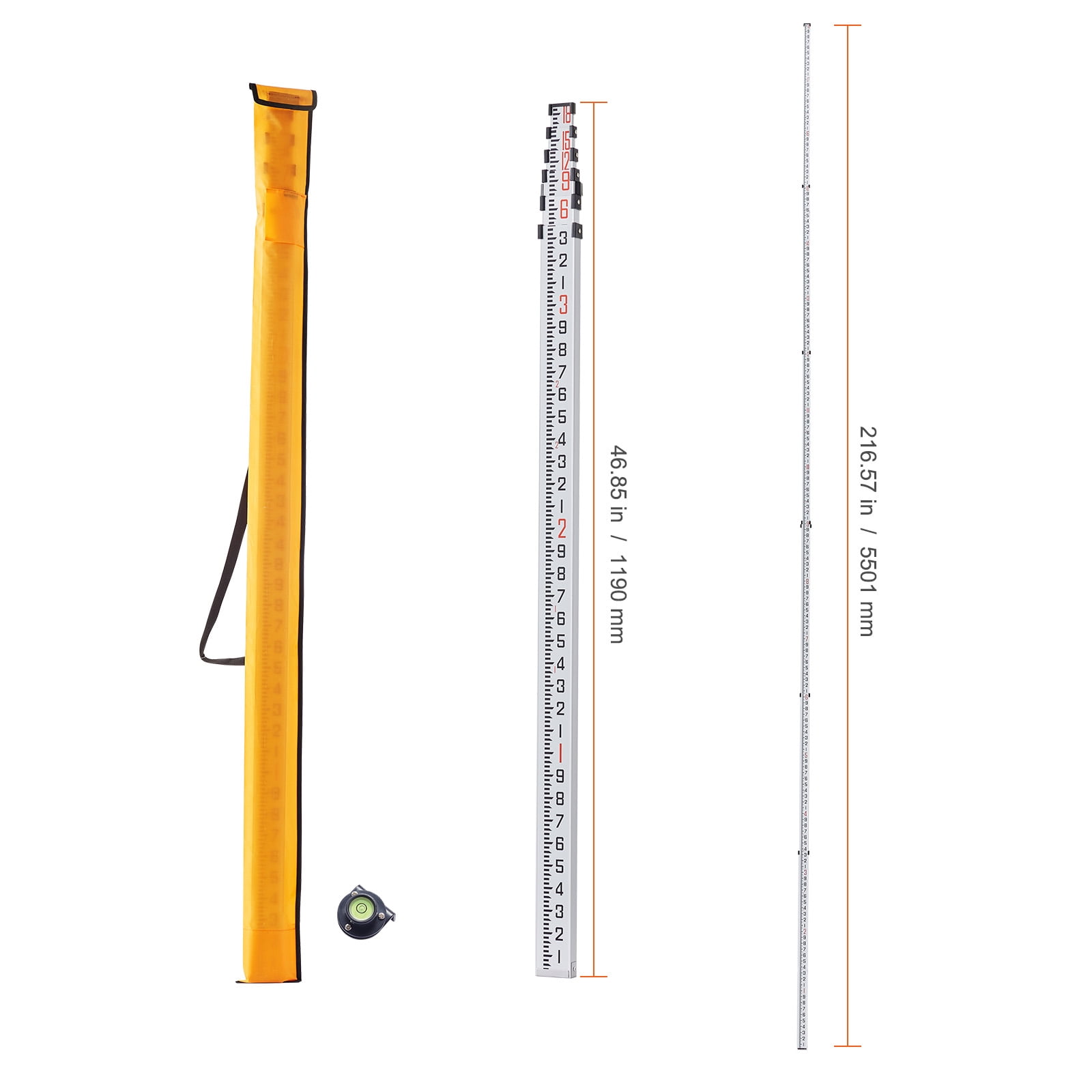 KFFKFF 18-Foot Aluminum Telescopic Measuring Rod, 6-Section Double-Sided Scale Leveling Stick, 1/10ft Graduations,Durable Aluminum Alloy Survey Rod with Bubble Level and Carrying Bag for Construction