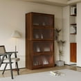 thumbnail image 5 of 4-Tier Walnut Bookcase Storage Cabinet, Closed Back Glass Doors Office Storage Compartment, Floor-to-Ceiling Low Cabinet Bookshelf Against Wall Dustproof Bookshelf for Bedroom, Living Room and Office, 5 of 8