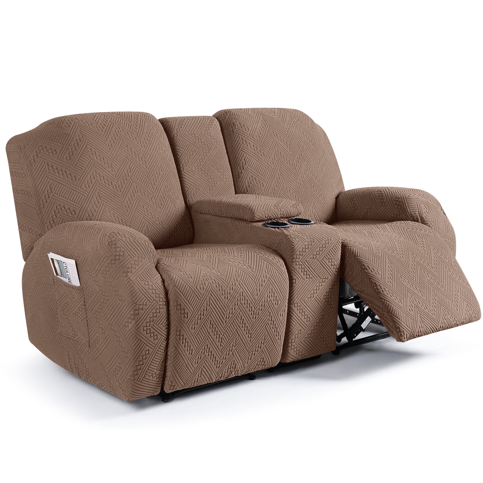 TAOCOCO Durable 4-Pieces Stretch Loveseat Recliner Slipcovers with Console, Jacquard Reclining Sofa Covers for 2 Seater Couch with Pockets Sofa Protector, Brown