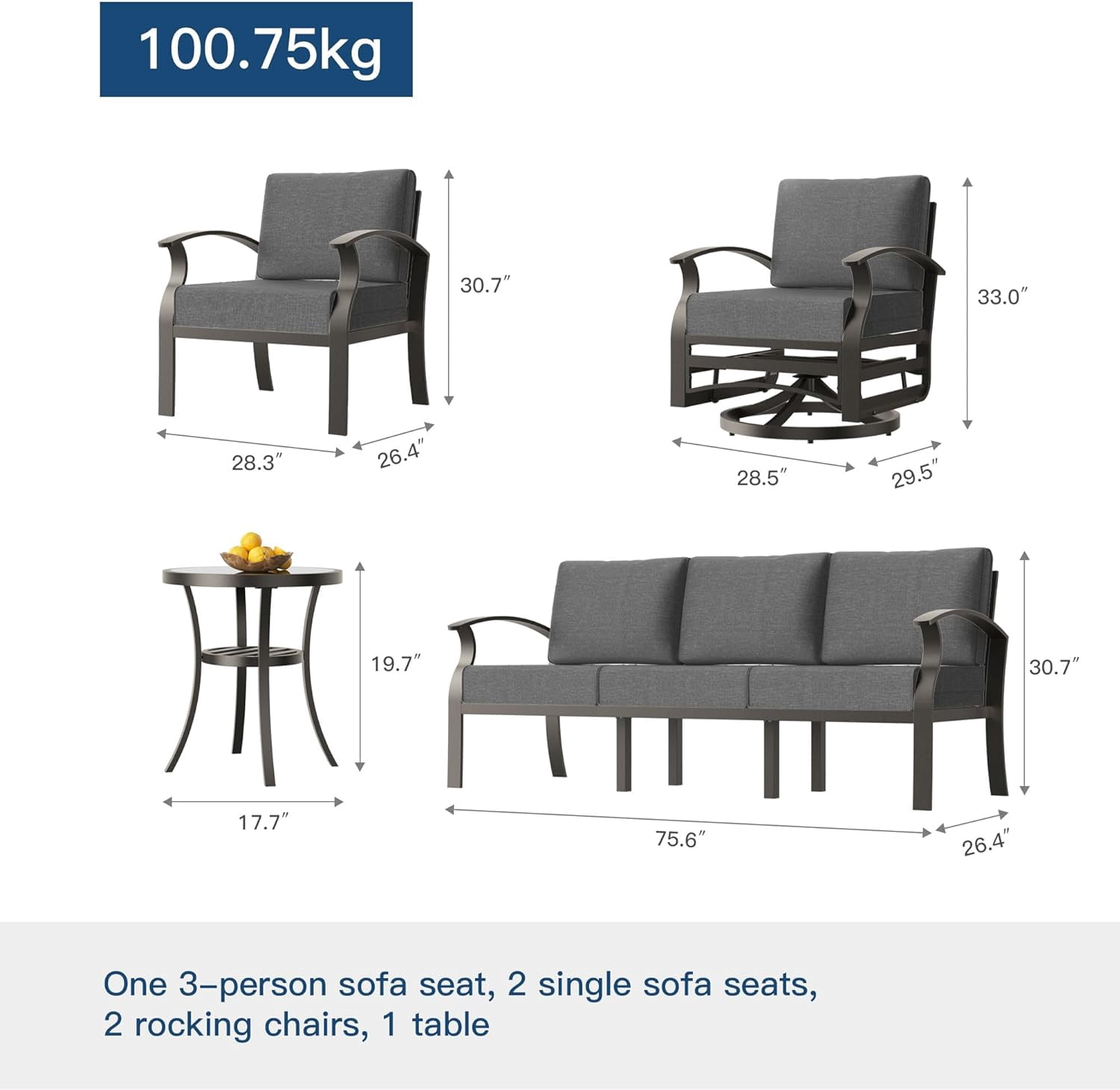 Gotland Aluminum Patio Furniture Set,6 Pieces 7 Seat Metal Outdoor Furniture Conversation Set w/Swivel Chairs,Gray