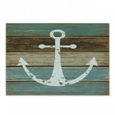 Anchor Cutting Board, Grunge Style Marine on Digitally Generated Horizontal Wooden Planks Image, Decorative Tempered Glass Cutting and Serving Board, in 3 Sizes, by Ambesonne
