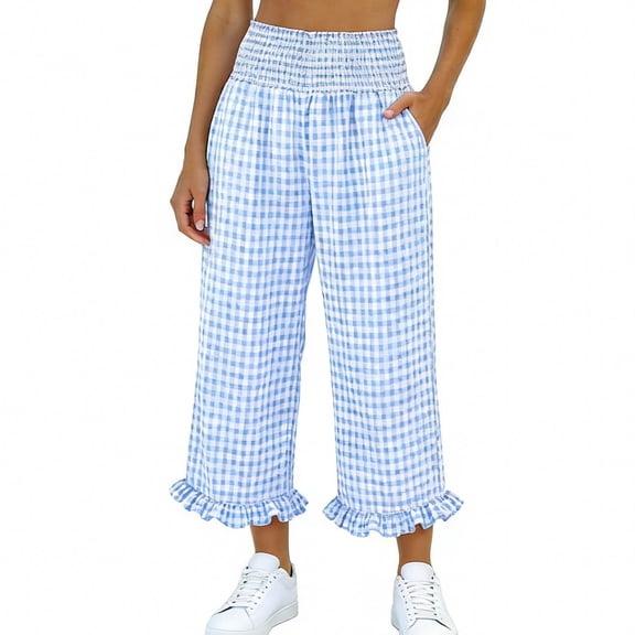 Karight Womens Gingham Print High Waisted Wide Leg Capri Pants Smocked Waist Ruffle Hem Pocketed Pants