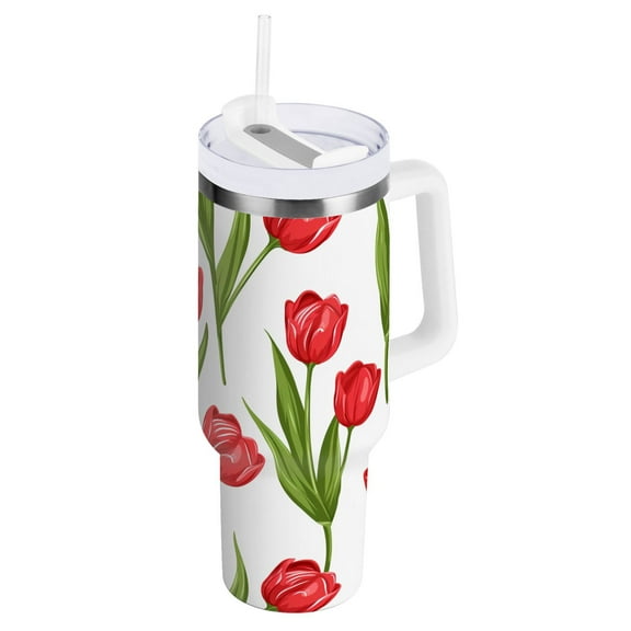 JSTEL Red Tulip Flower Floral 40 oz Tumbler Stainless Steel Water Bottle Vacuum Insulated Cup with Straw Lid & Handle For Travel Car Cup Holder