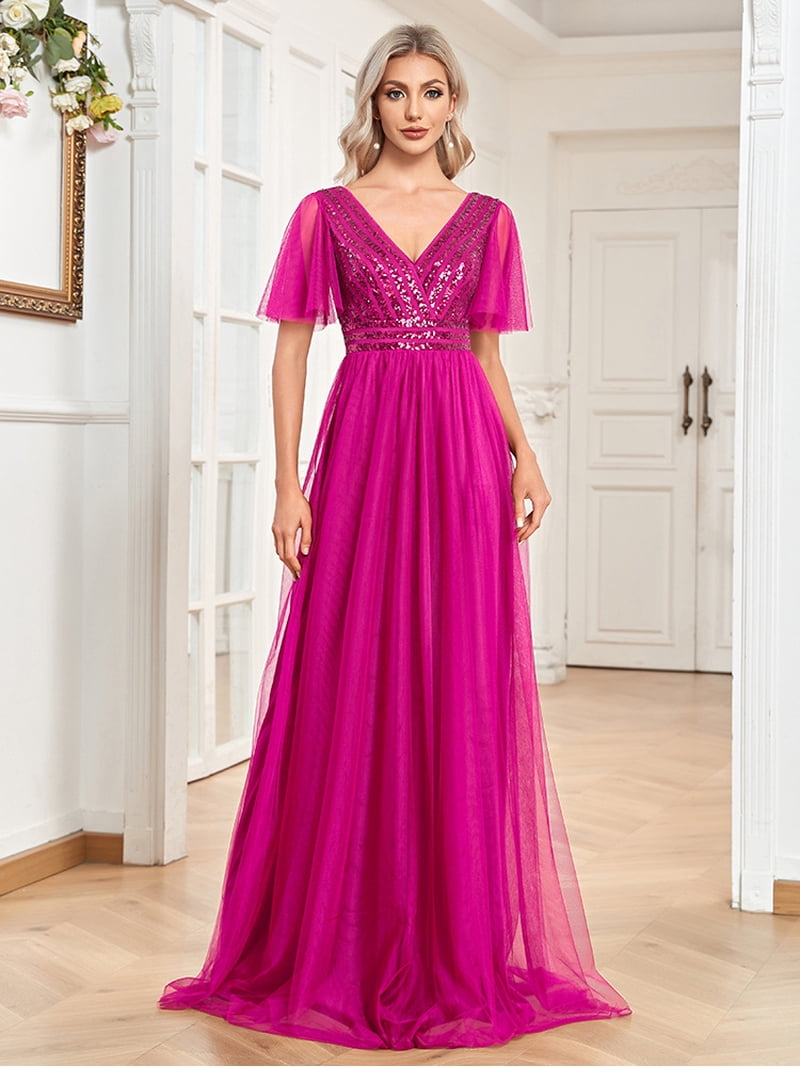 how long does it take to get bridesmaid dresses LaDivine CC447 V-Neck Beaded Fringe Sleeve Satin Gown  Mother of Bride, Wedding Guest & Formal Wear