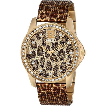 GUESS Women's W0333L1,Casual,Gold tone,Animal Print,Crystal Accented Bezel,WR