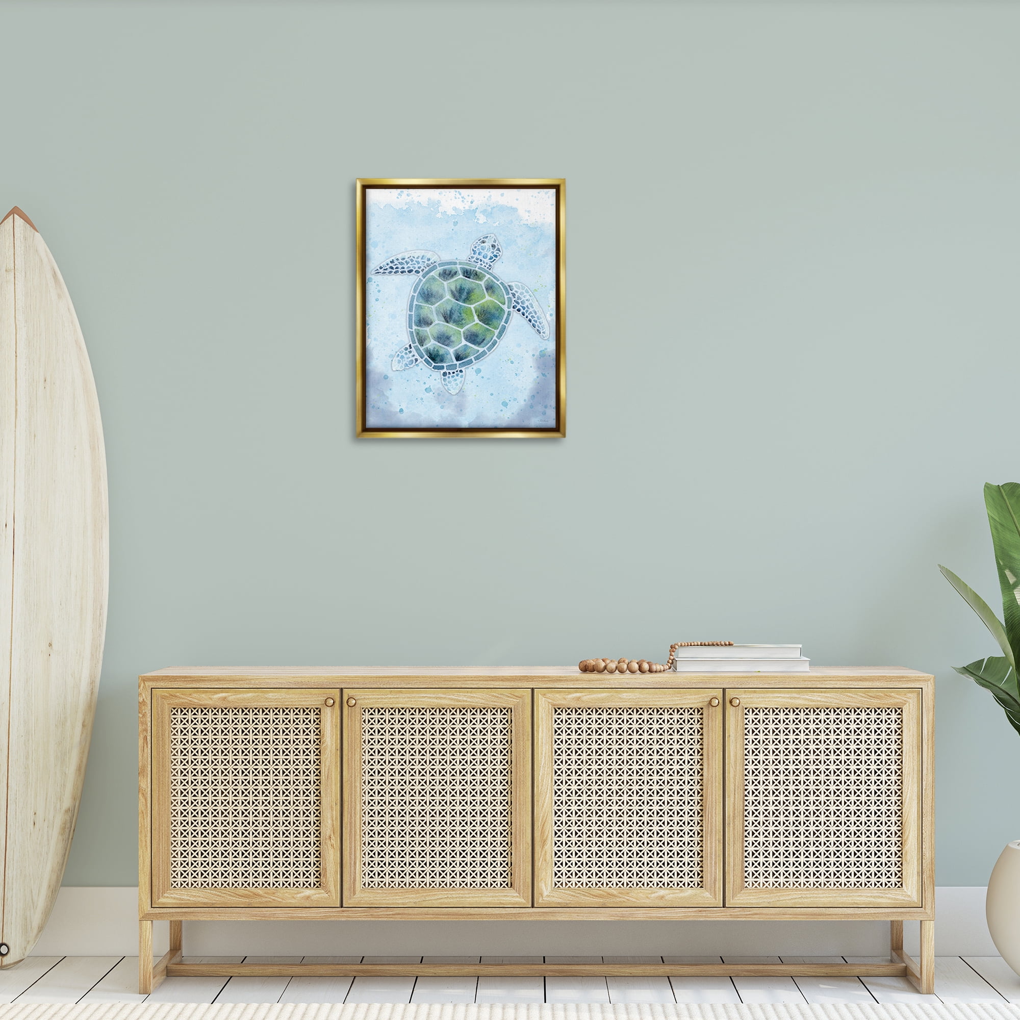 Stupell Industries Stained Glass Turtle Nautical & Beach Painting Gold Floater Framed Canvas Art Print Wall Art, 25 x 31