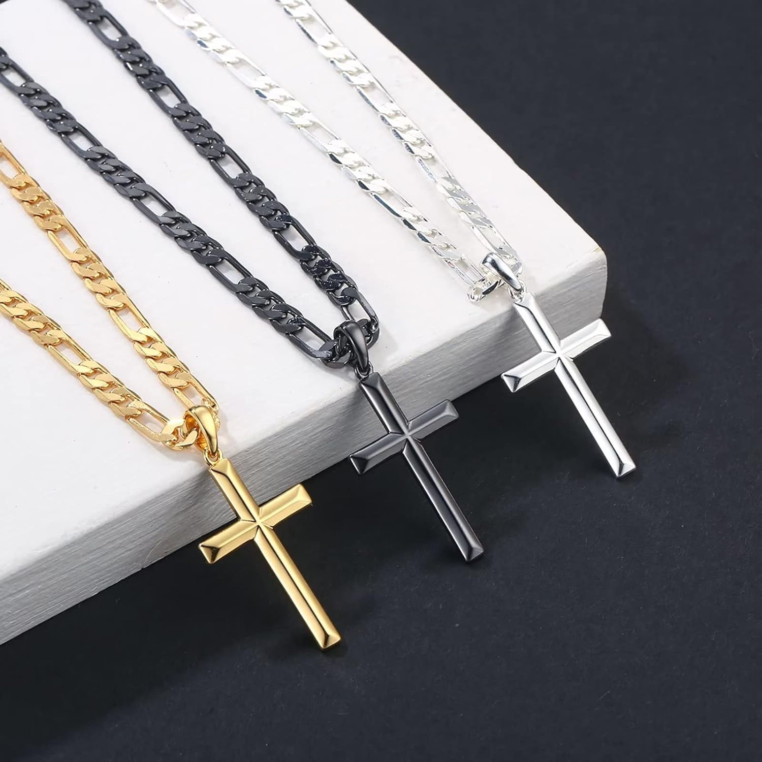 Miren S925 Sterling Silver Cross Pendant Cross Necklace for Men, Mens Cross Necklace 18K Gold Plated Silver Black Figaro Chain Necklace for Men Women 16 18 20 22 24 Inch Cross Necklace