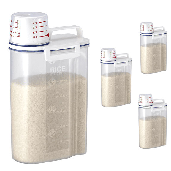 4 Pack Rice Storage Containers with Airtight Lids - 4.4Lbs Capacity Clear Plastic Food Storage Bin, Shatterproof Cereal Dispenser with Locking Buckles and measuring cup
