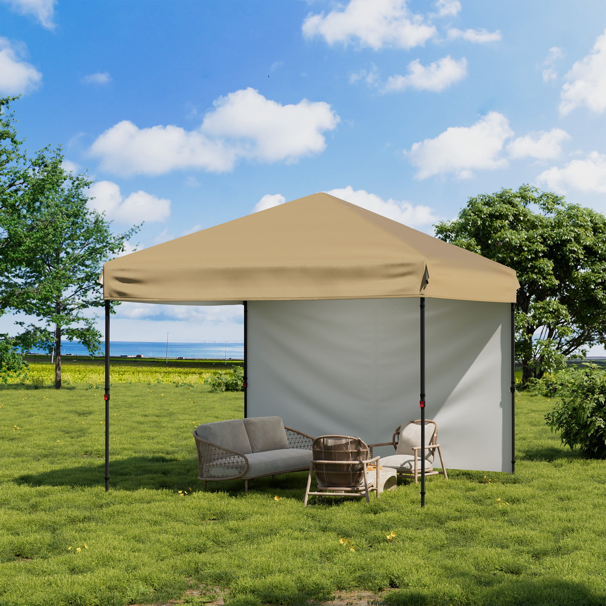 Heavy Duty Pop Up Canopy Tent 10x10 FT – Waterproof & UV-Resistant Outdoor Shelter – 1 Sidewall – Folding 210D Silver Coated Oxford – Easy Setup for Camping, Picnics, Beach, Events – Khaki